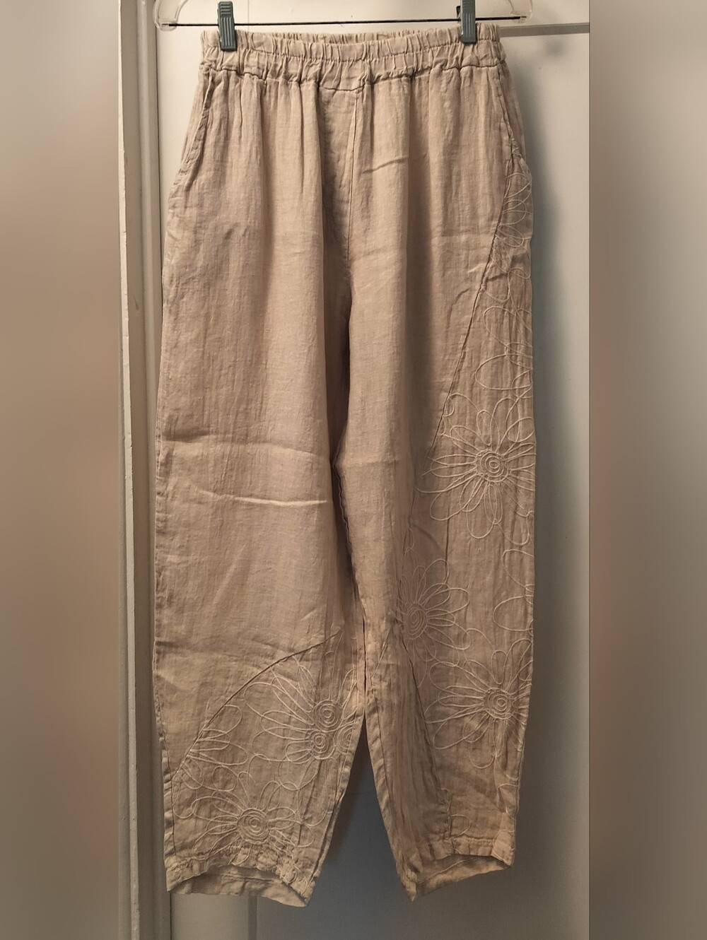 Women’s Beige Embroidered Linen Pants